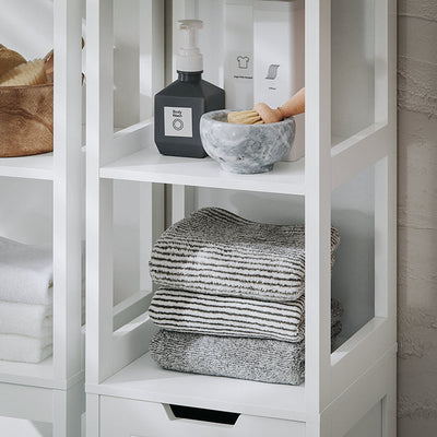 SoBuy | Armadietto alto con sacco portabiancheria | Armadietto da bagno | Mobile portabiancheria | Scaffale da bagno | Bianco | BZR123-W