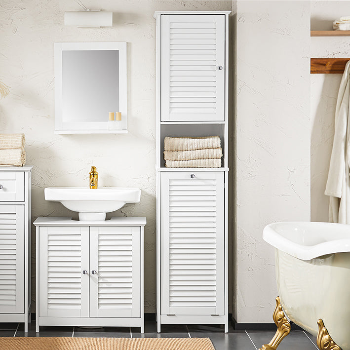 SoBuy | Armadio Alto | con Sacco Biancheria Pieghevole | Armadietto Lavanderia Stretto | Scaffale da Bagno | Bianco | BZR124-W