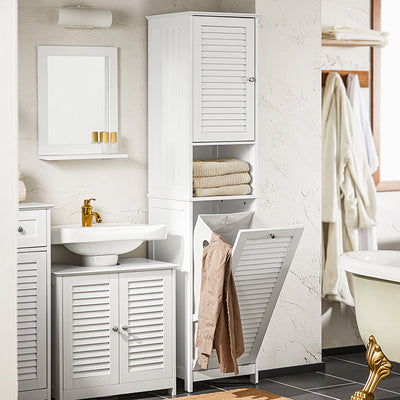 SoBuy | Armadio Alto | con Sacco Biancheria Pieghevole | Armadietto Lavanderia Stretto | Scaffale da Bagno | Bianco | BZR124-W