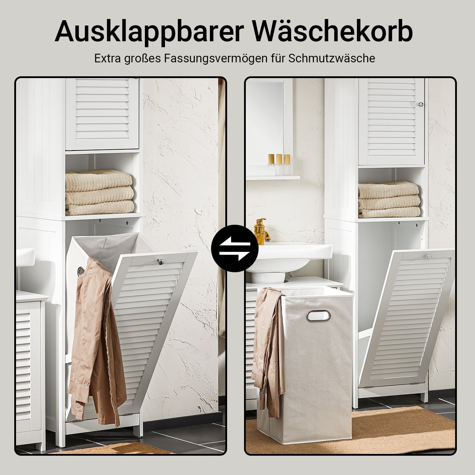 SoBuy | Armadio Alto | con Sacco Biancheria Pieghevole | Armadietto Lavanderia Stretto | Scaffale da Bagno | Bianco | BZR124-W