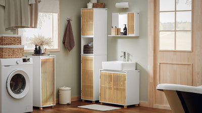 SoBuy | Armadietto da bagno con sacco per la biancheria a scomparsa | Portabiancheria | Mobiletto da bagno | Bianco-Naturale | BZR126-W