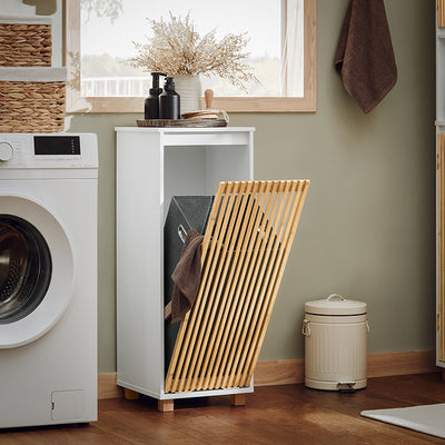 SoBuy | Armadietto da bagno con sacco per la biancheria a scomparsa | Portabiancheria | Mobiletto da bagno | Bianco-Naturale | BZR126-W