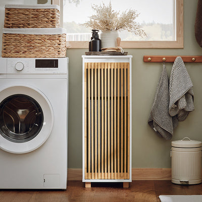 SoBuy | Armadietto da bagno con sacco per la biancheria a scomparsa | Portabiancheria | Mobiletto da bagno | Bianco-Naturale | BZR126-W