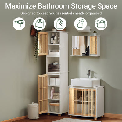 SoBuy | Hochschrank | Badschrank | schmal | Weiß-Natur | BZR127-W