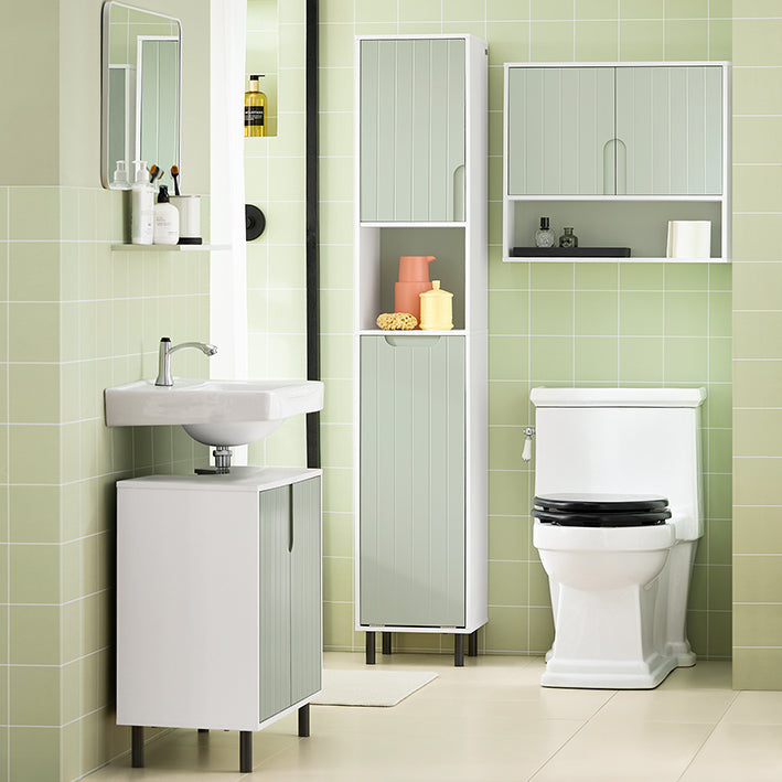 SoBuy | Armadietto alto con sacco portabiancheria estraibile | Scaffale da bagno | Mobile stretto portabiancheria | Bianco-Verde | BZR137-GR