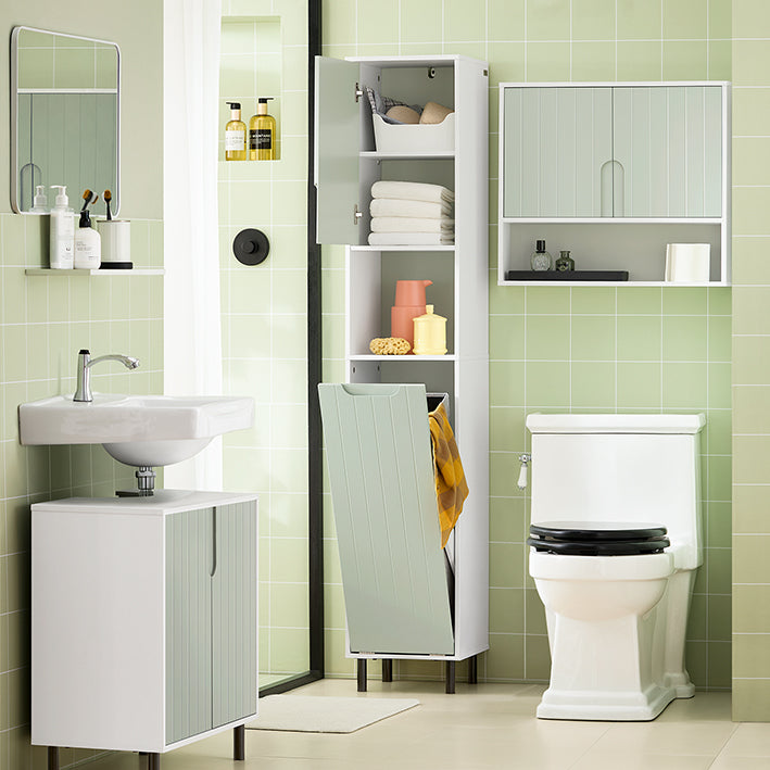 SoBuy | Armadietto alto con sacco portabiancheria estraibile | Scaffale da bagno | Mobile stretto portabiancheria | Bianco-Verde | BZR137-GR