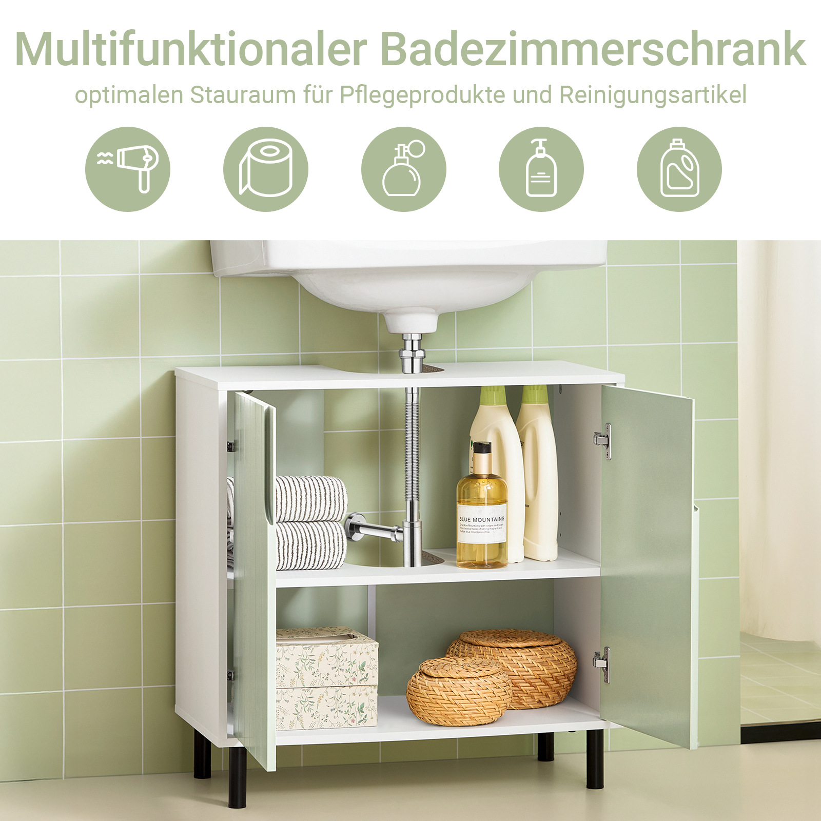 SoBuy | Mobile sottolavabo | Mobile bagno | Lavabo | Bianco-Verde | BZR139-GR