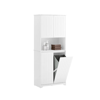 SoBuy | Armoire haute | Armoire de salle de bain avec sac à linge intégré | Blanche | BZR150-W