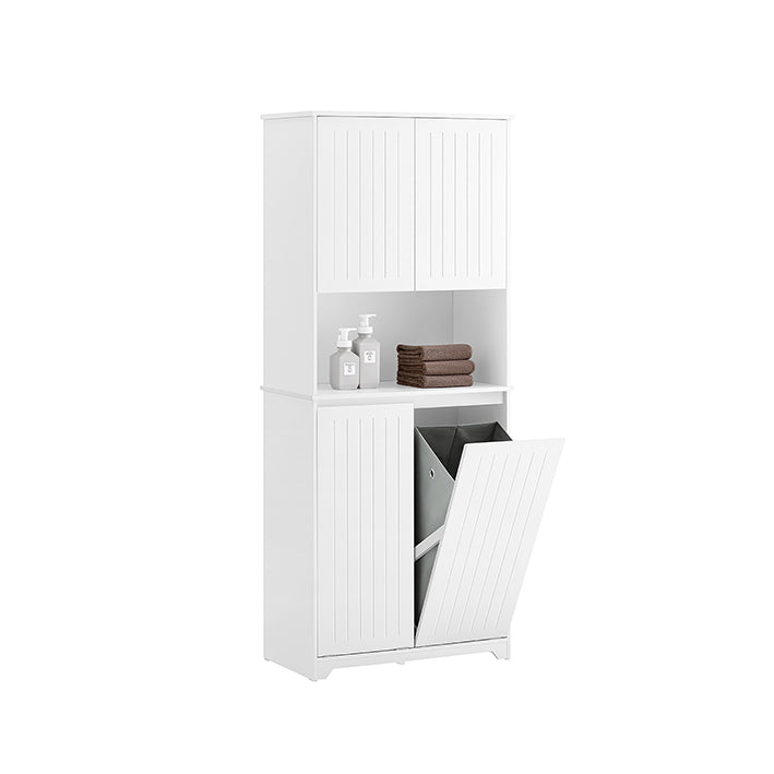 SoBuy | Armoire haute | Armoire de salle de bain avec sac à linge intégré | Blanche | BZR150-W