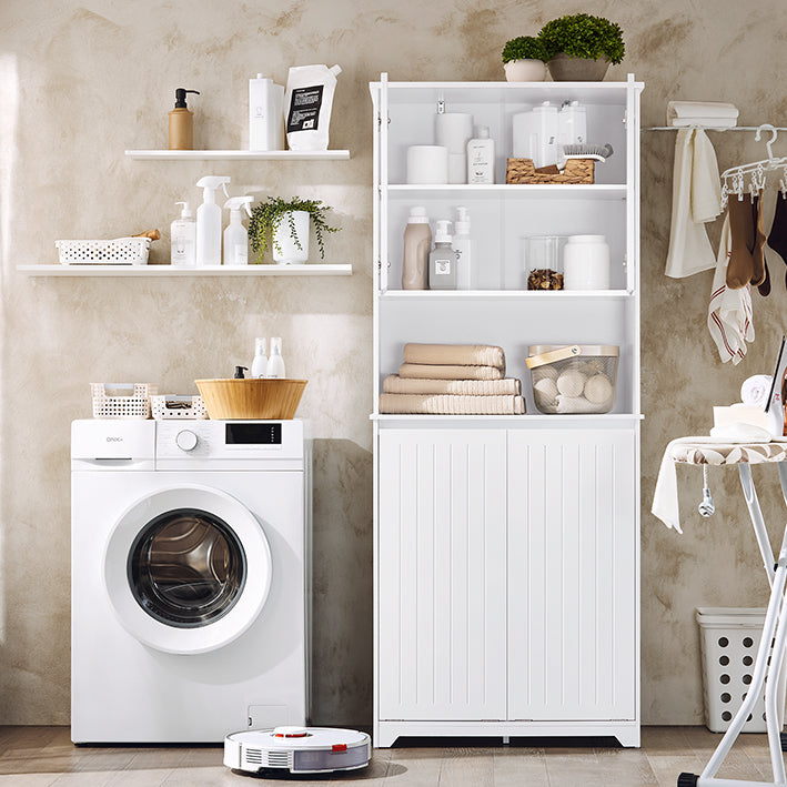 SoBuy | Armoire haute | Armoire de salle de bain avec sac à linge intégré | Blanche | BZR150-W