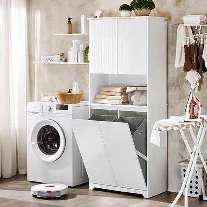 SoBuy | Armoire haute | Armoire de salle de bain avec sac à linge intégré | Blanche | BZR150-W