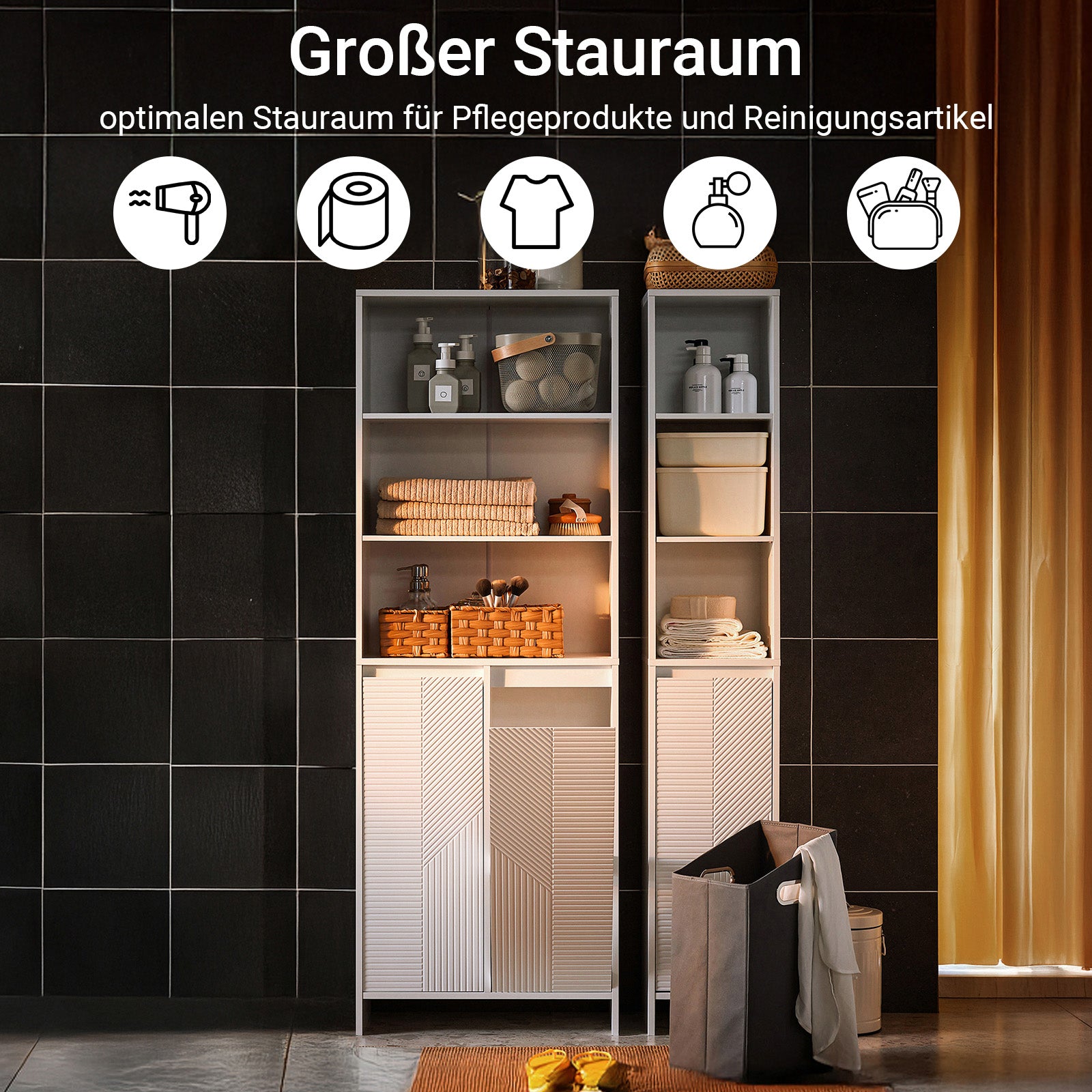 SoBuy | Armoire de salle de bain avec 2 sacs à linge | Armoire haute | Armoire à linge | Blanc | BZR155-W 