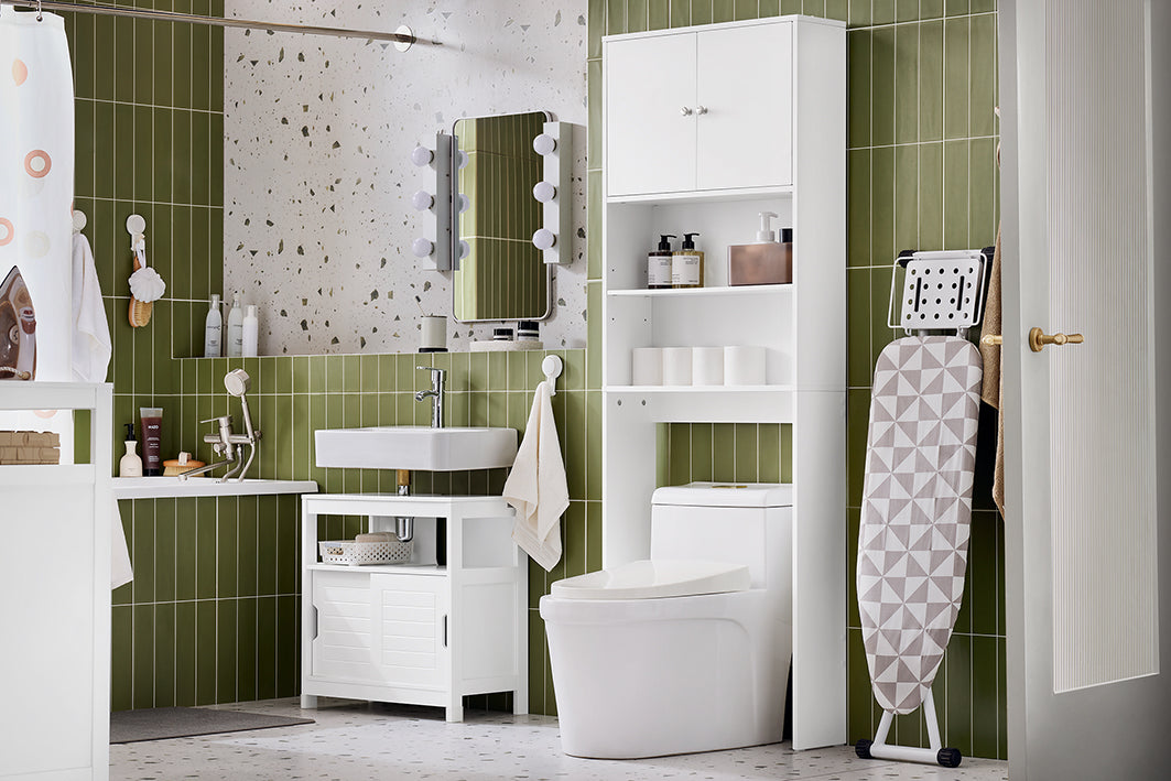 Prévente | SoBuy | Étagère de toilette | Meuble pour machine à laver | Étagère de salle de bain avec rangement | Blanc | BZR165-W