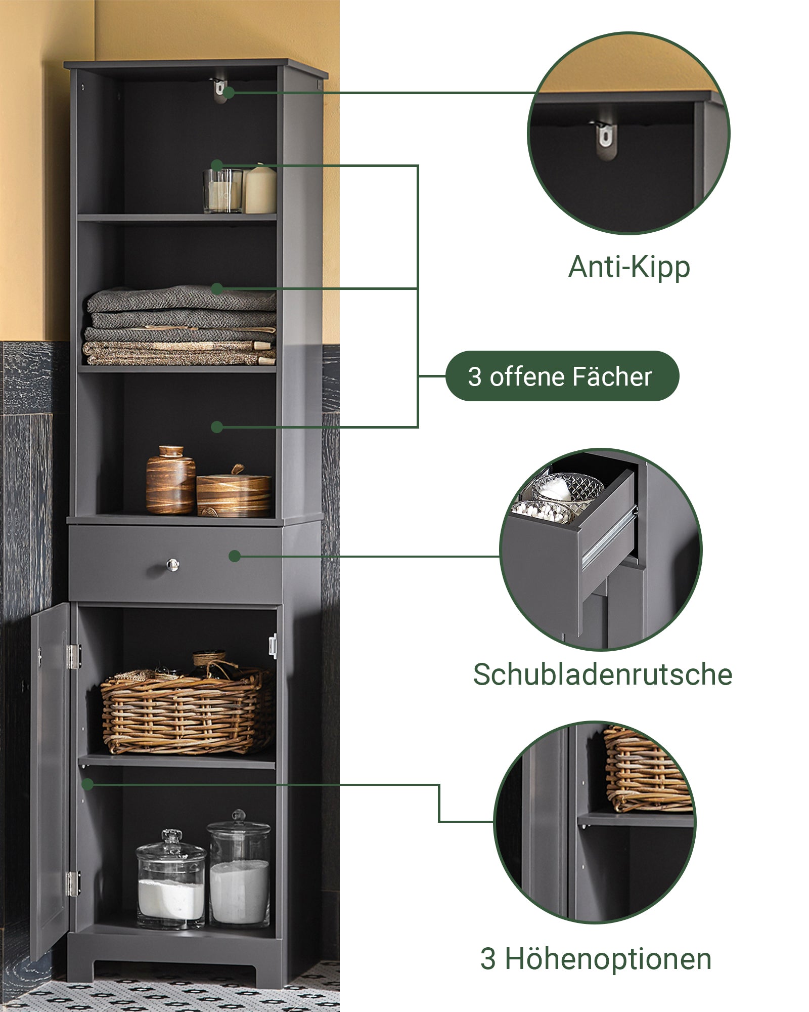 SoBuy | Armoire de salle de bain haute | Meuble de salle de bain | Étagère de salle de bain gris foncé | BZR17-DG 