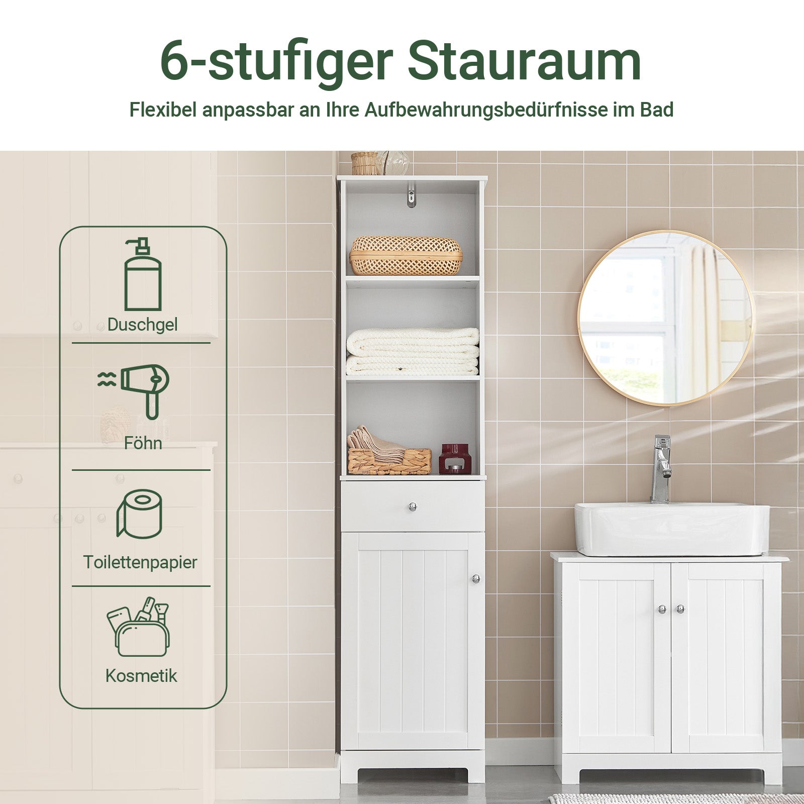 SoBuy | Armoire de salle de bain haute | Meuble de salle de bain | Étagère de salle de bain blanche | BZR17-W