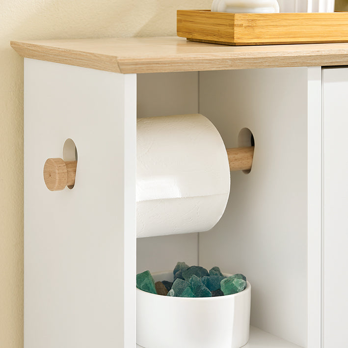 SoBuy | Meuble de salle de bain avec porte-rouleau de papier toilette | Meuble de salle de bain étroit | Buffet | BZR189-W