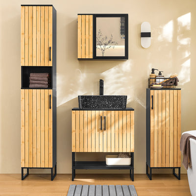 SoBuy | Meuble de salle de bain mural | avec miroir et compartiments latéraux | 50 x 20 x 45 cm | Noir | BZR204-SCH