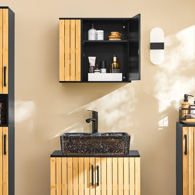 SoBuy | Meuble de salle de bain mural | avec miroir et compartiments latéraux | 50 x 20 x 45 cm | Noir | BZR204-SCH
