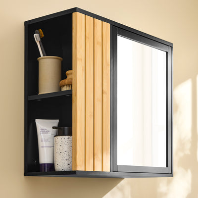 SoBuy | Meuble de salle de bain mural | avec miroir et compartiments latéraux | 50 x 20 x 45 cm | Noir | BZR204-SCH