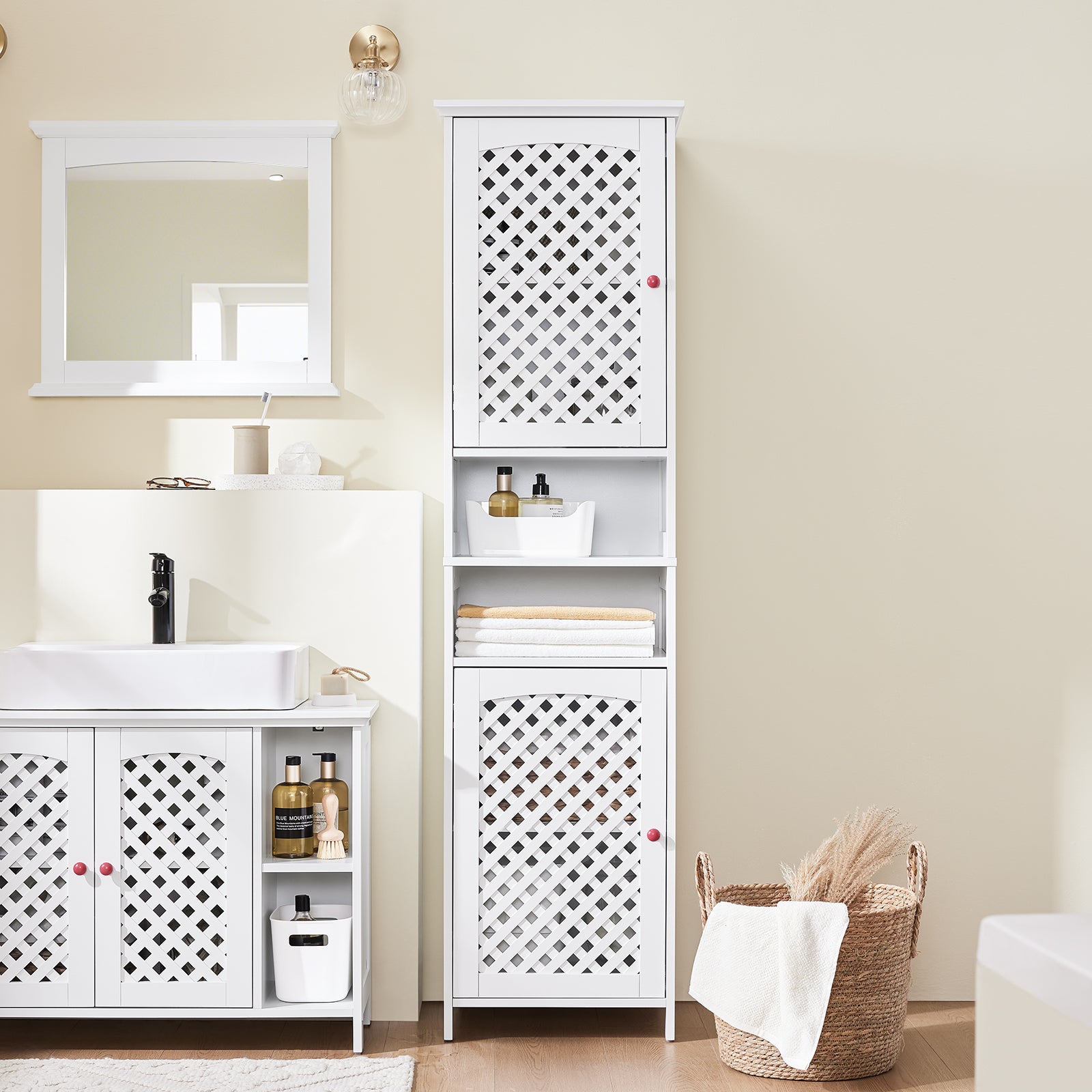 SoBuy | Mobile Alto da Bagno Salvaspazio con 2 Ante e Ripiani Aperti | Bianco 45x41.5x170cm | BZR209-W