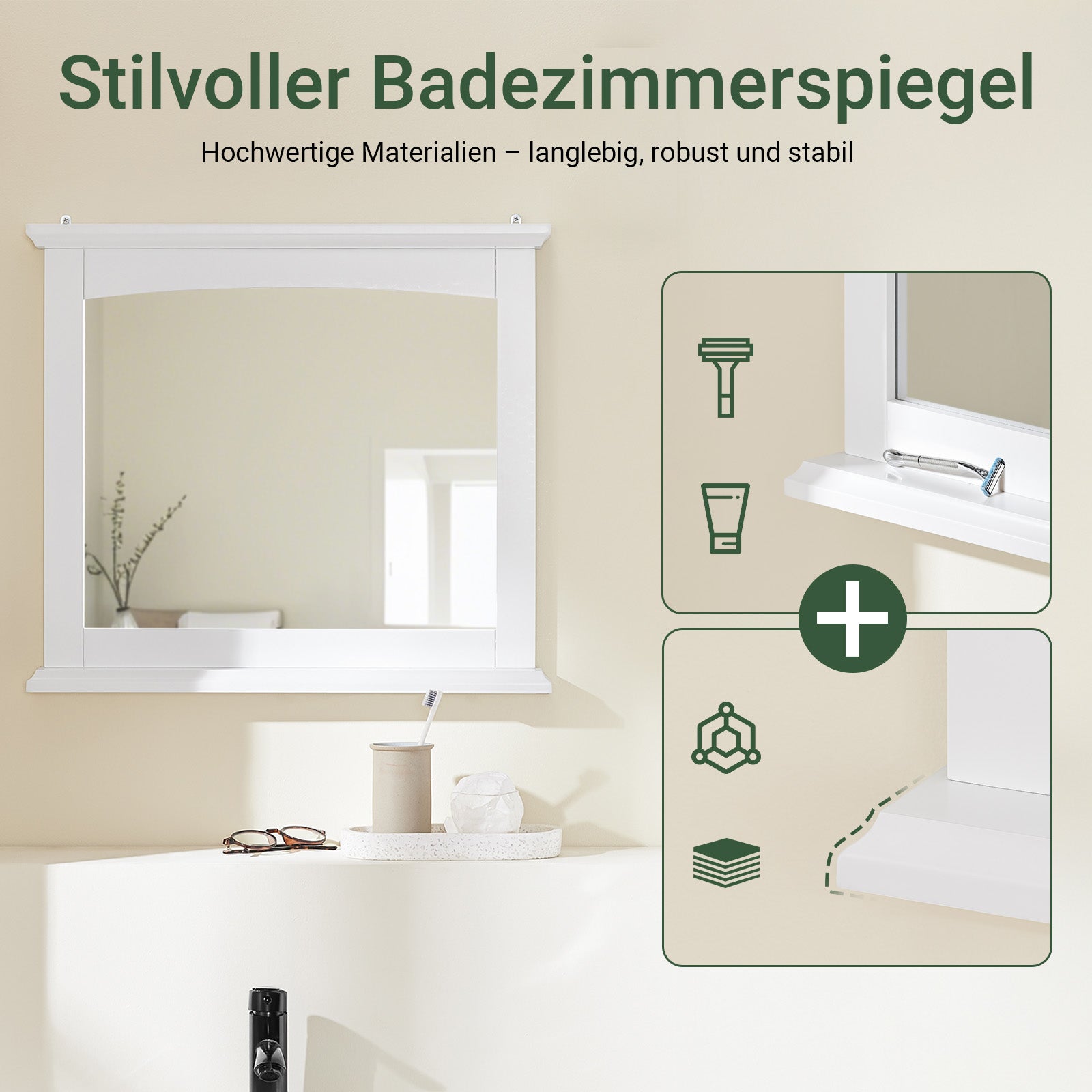 SoBuy | Specchio da Bagno con Mensola | Specchio da Parete | Specchio Bianco | BZR212-W