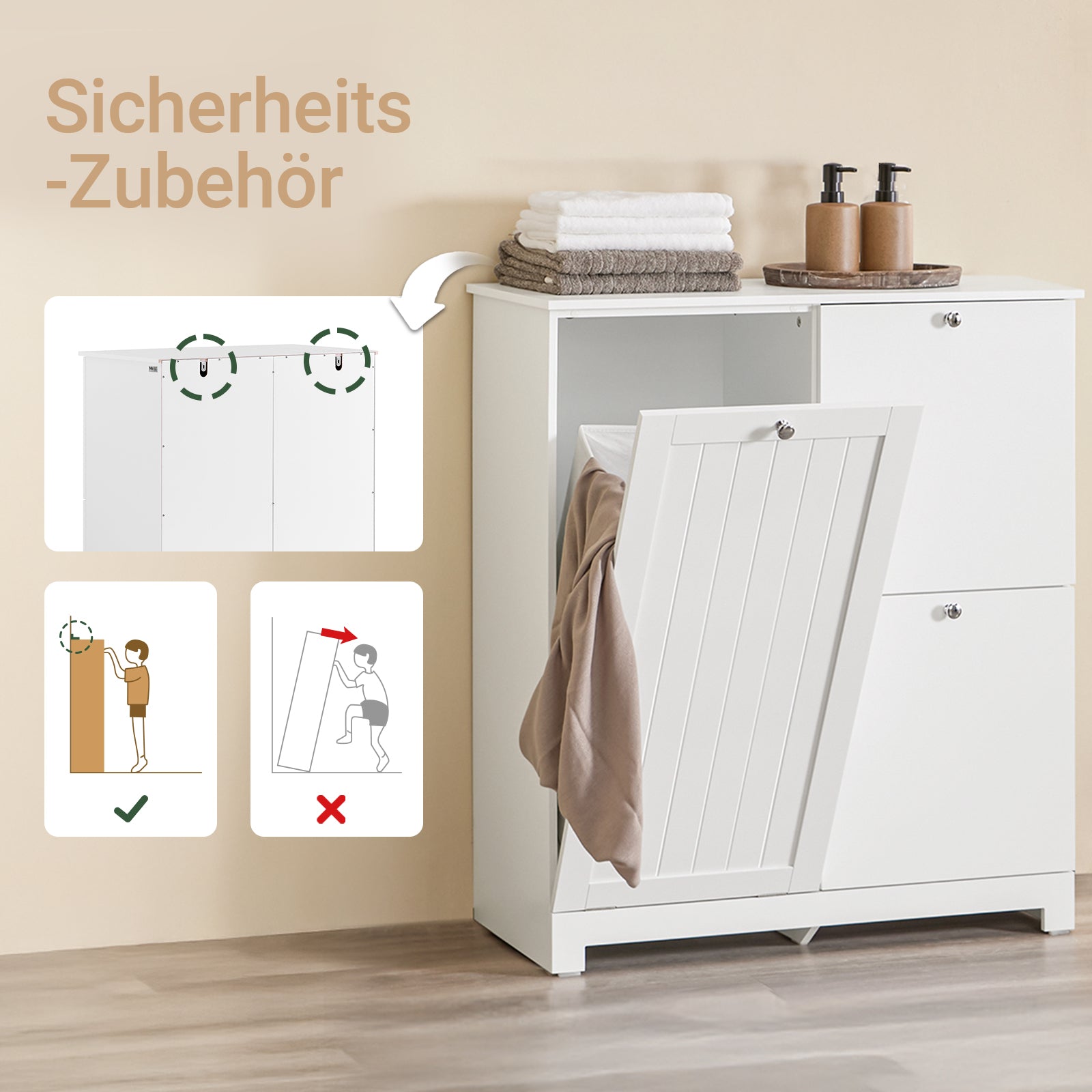 SoBuy | Mobile bagno | con 1 grande cesto portabiancheria | 2 piccoli cesti in tessuto rimovibili | Cesto portabiancheria bianco | BZR213-W