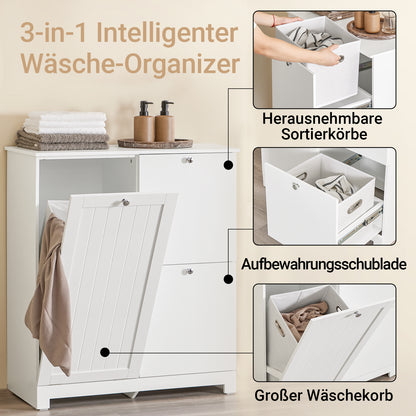 SoBuy | Badezimmerschrank | mit 1 großem Wäschesammler | 2 herausnehmbaren kleinen Stoffkörben | Wäschekorb Weiß | BZR213-W