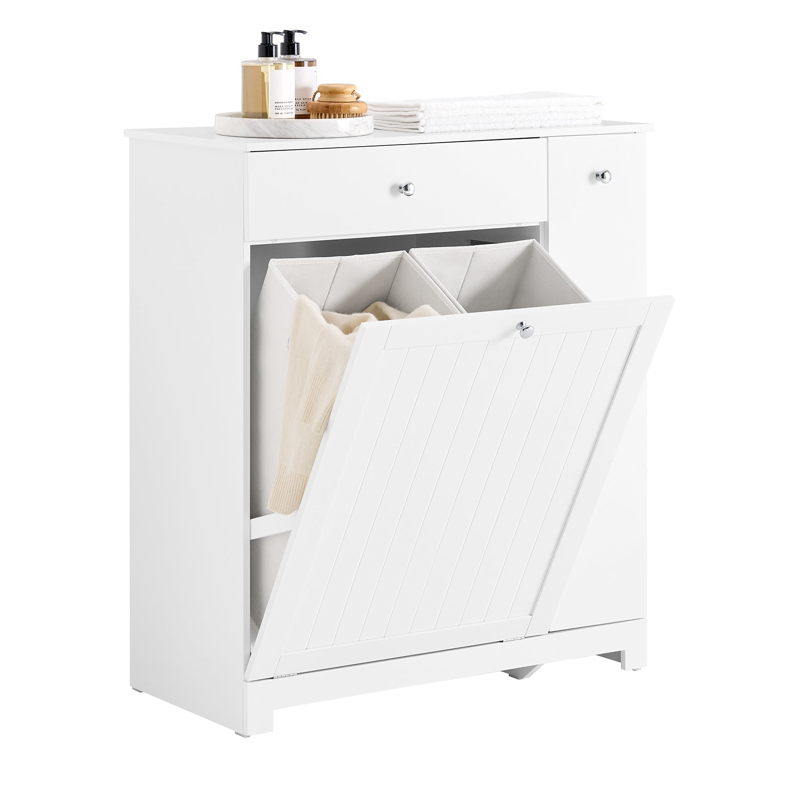 Prévente | SoBuy | Meuble de salle de bain | avec 1 tiroir | 2 paniers à linge et étagère coulissante | Blanc | 78x38x90cm | BZR214-W