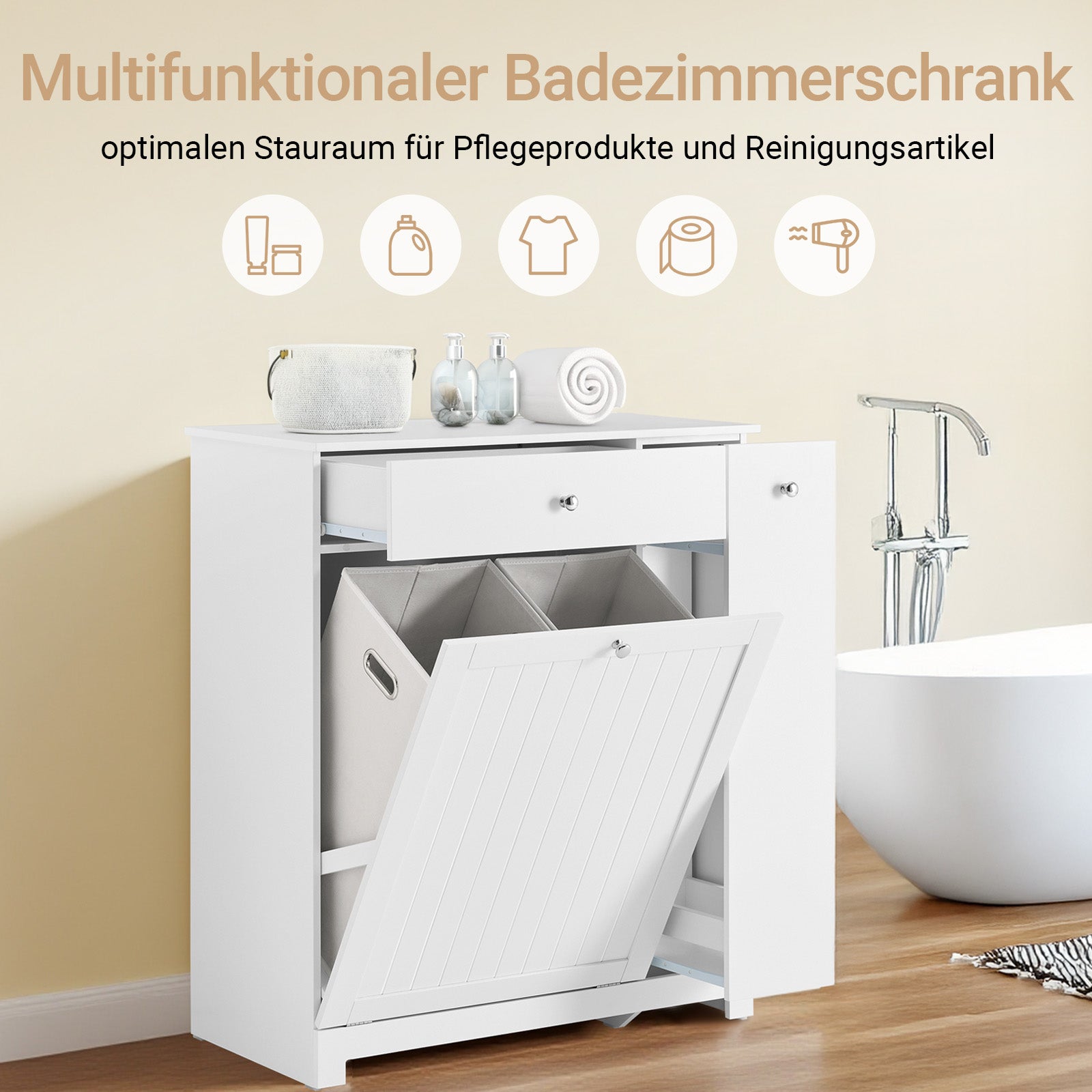 Prévente | SoBuy | Meuble de salle de bain | avec 1 tiroir | 2 paniers à linge et étagère coulissante | Blanc | 78x38x90cm | BZR214-W