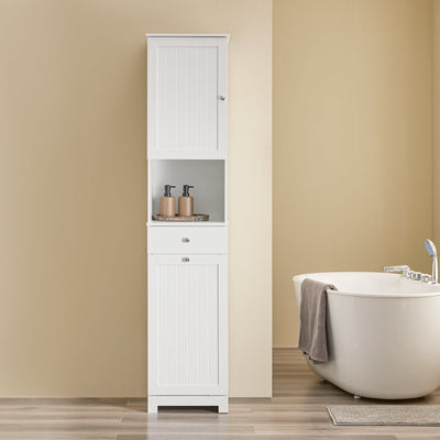 SoBuy | Mobile bagno | con 1 cesto portabiancheria | cassetto | scomparto aperto e regolabile | BZR216-W