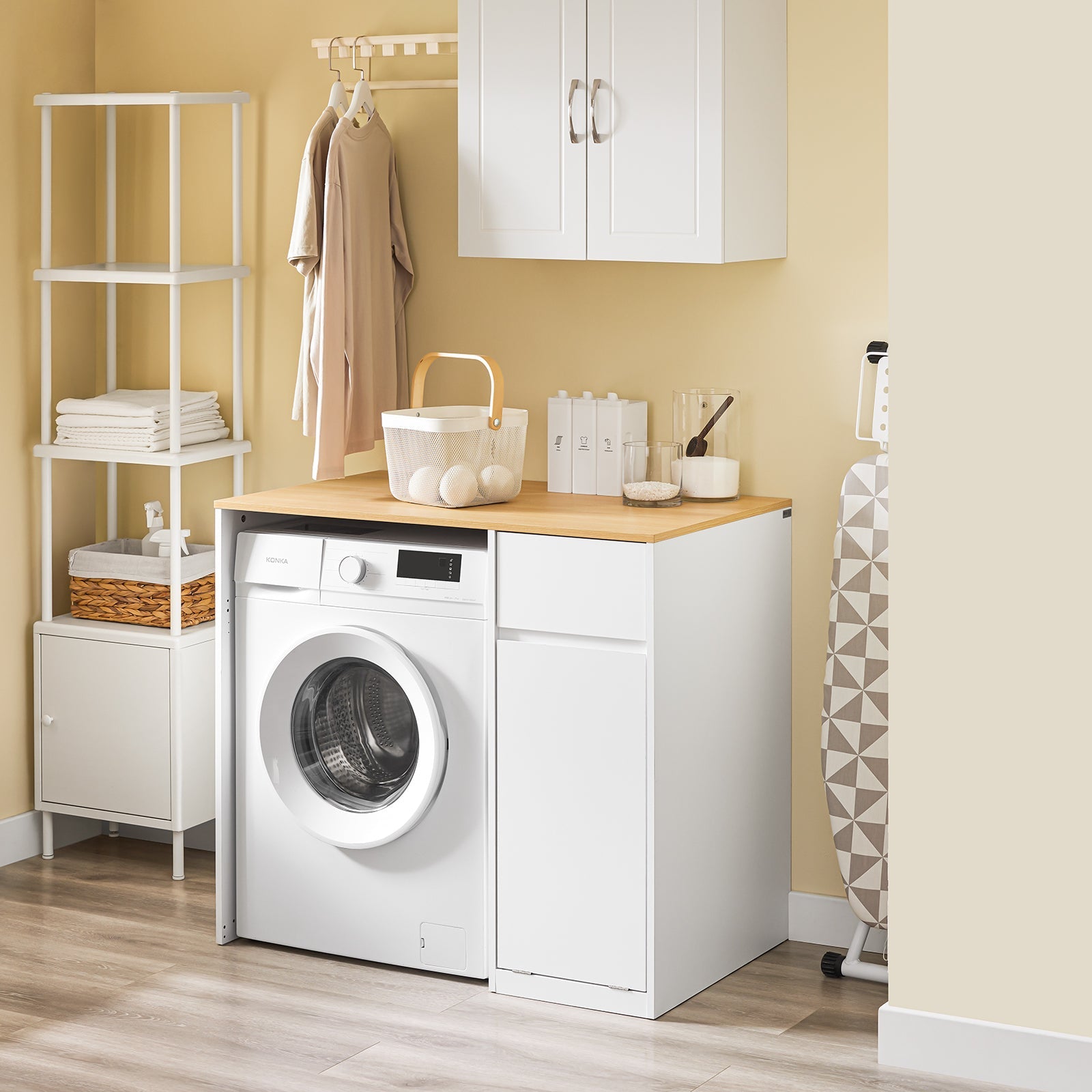 SoBuy | Meuble de machine à laver | avec panier à linge et tiroir | Blanc BZR217-WN