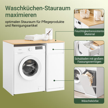SoBuy | Waschmaschinenschrank | mit Wäschekorb & Schublade | Weiß BZR217-WN