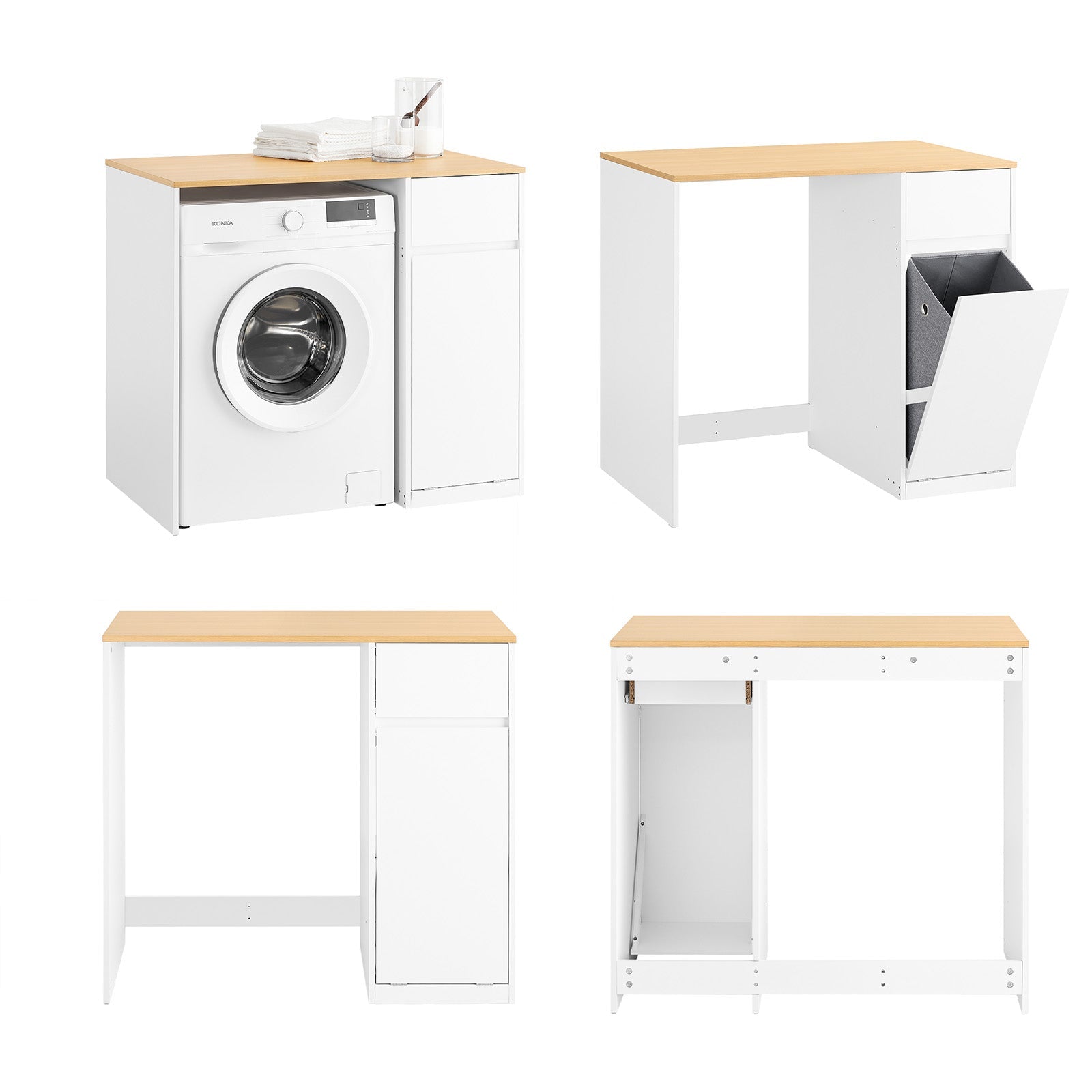 SoBuy | Meuble de machine à laver | avec panier à linge et tiroir | Blanc BZR217-WN