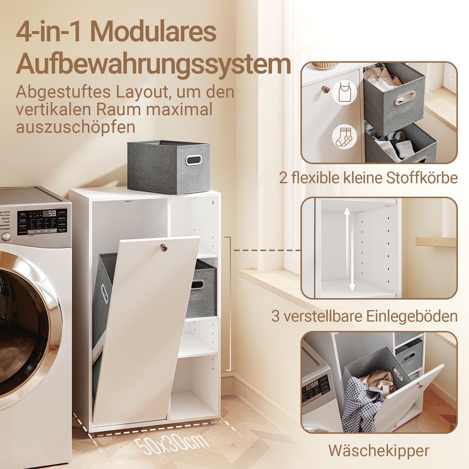 SoBuy Badezimmerschrank mit Wäschekorb schmal Weiß 50 cm 2 Stoffschubladen BZR218-W
