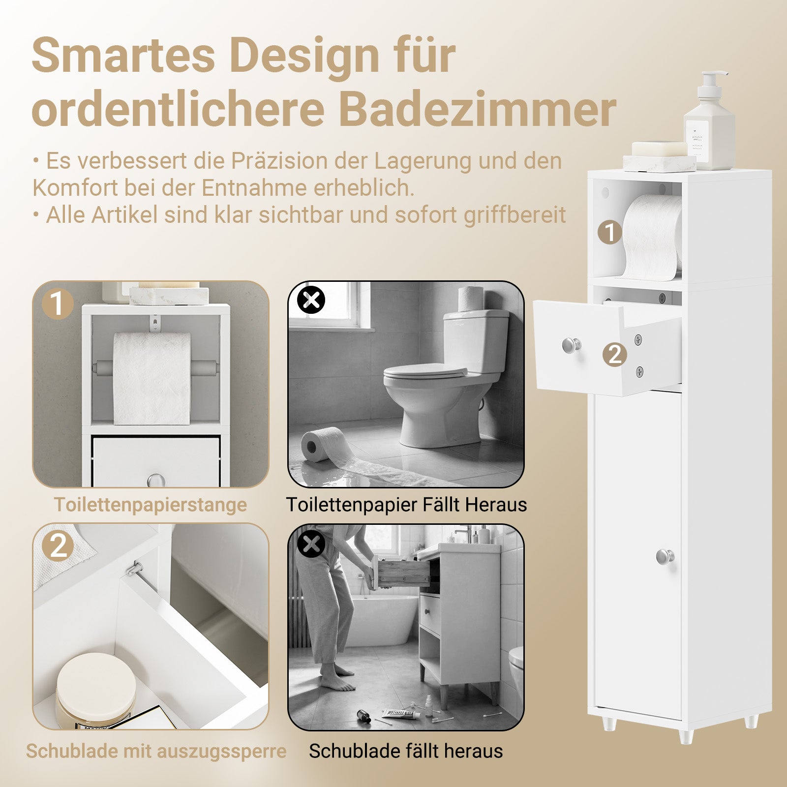 SoBuy | Badschrank Schmal 20cm | Toilettenpapierschrank mit Schublade Weiß | BZR219-W