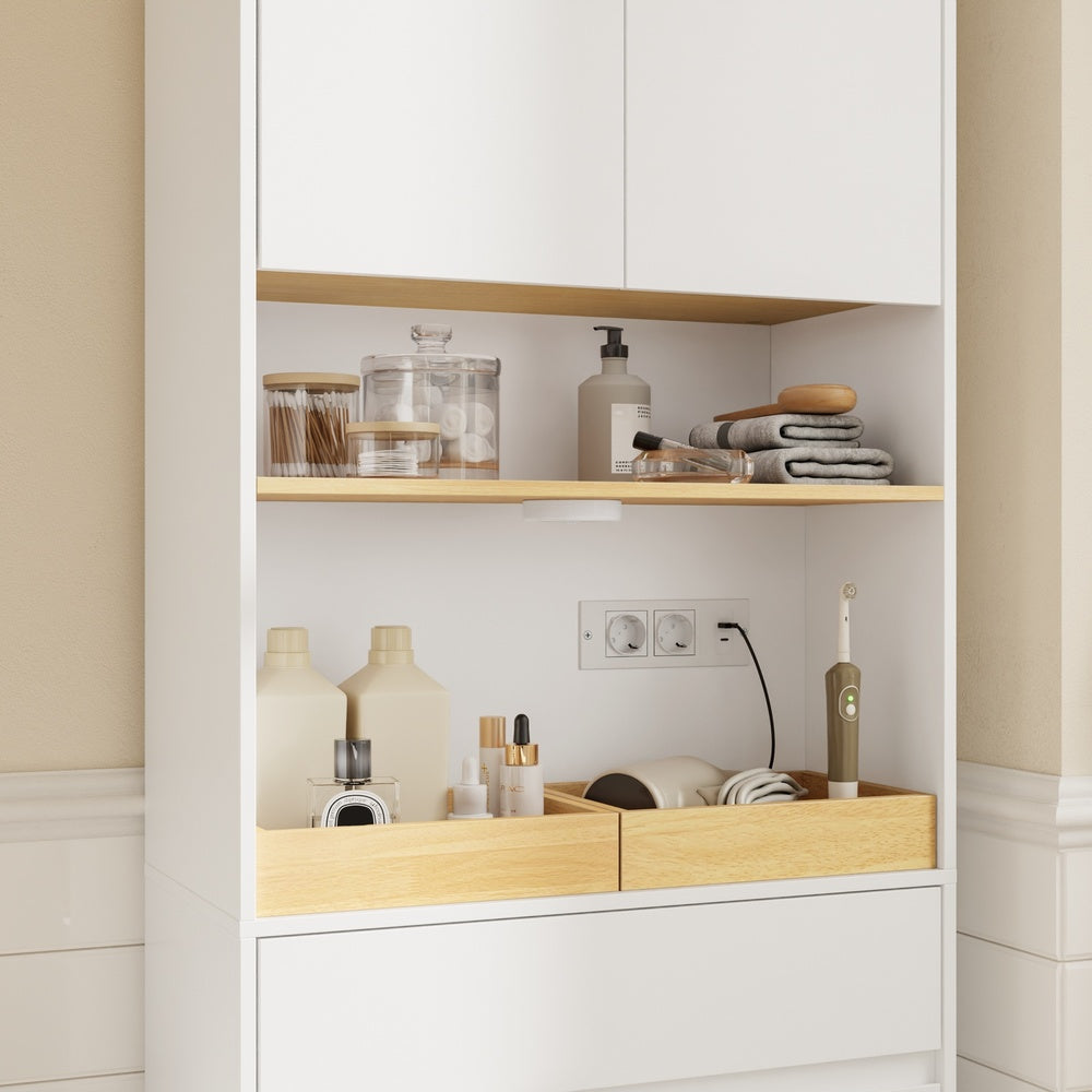 SoBuy | Badezimmerschrank schmal mit Wäschekorb Weiß | BZR241-E-W