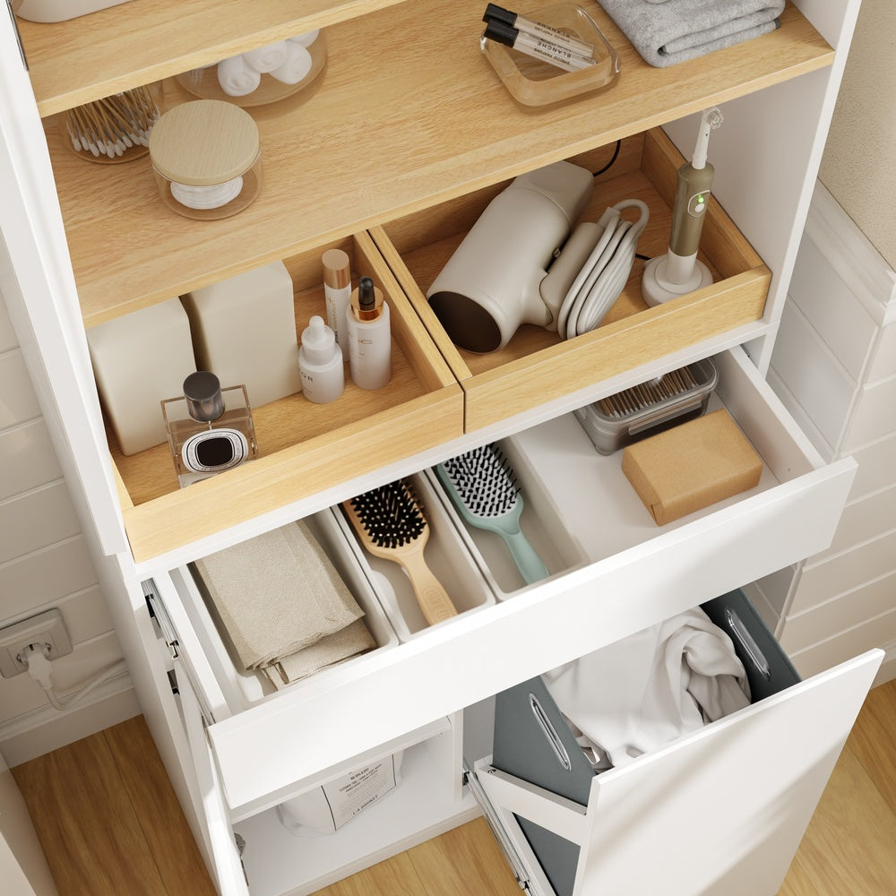 SoBuy | Badezimmerschrank schmal mit Wäschekorb Weiß | BZR241-E-W