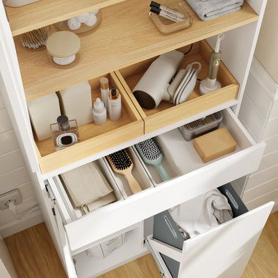 SoBuy | Badezimmerschrank schmal mit Wäschekorb Weiß | BZR241-E-W
