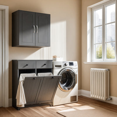 SoBuy | Meuble de salle de bain avec 2 sacs à linge | Panier à linge | Panier à linge, gris foncé | 78 x 90 x 38 cm | BZR33-II-DG 