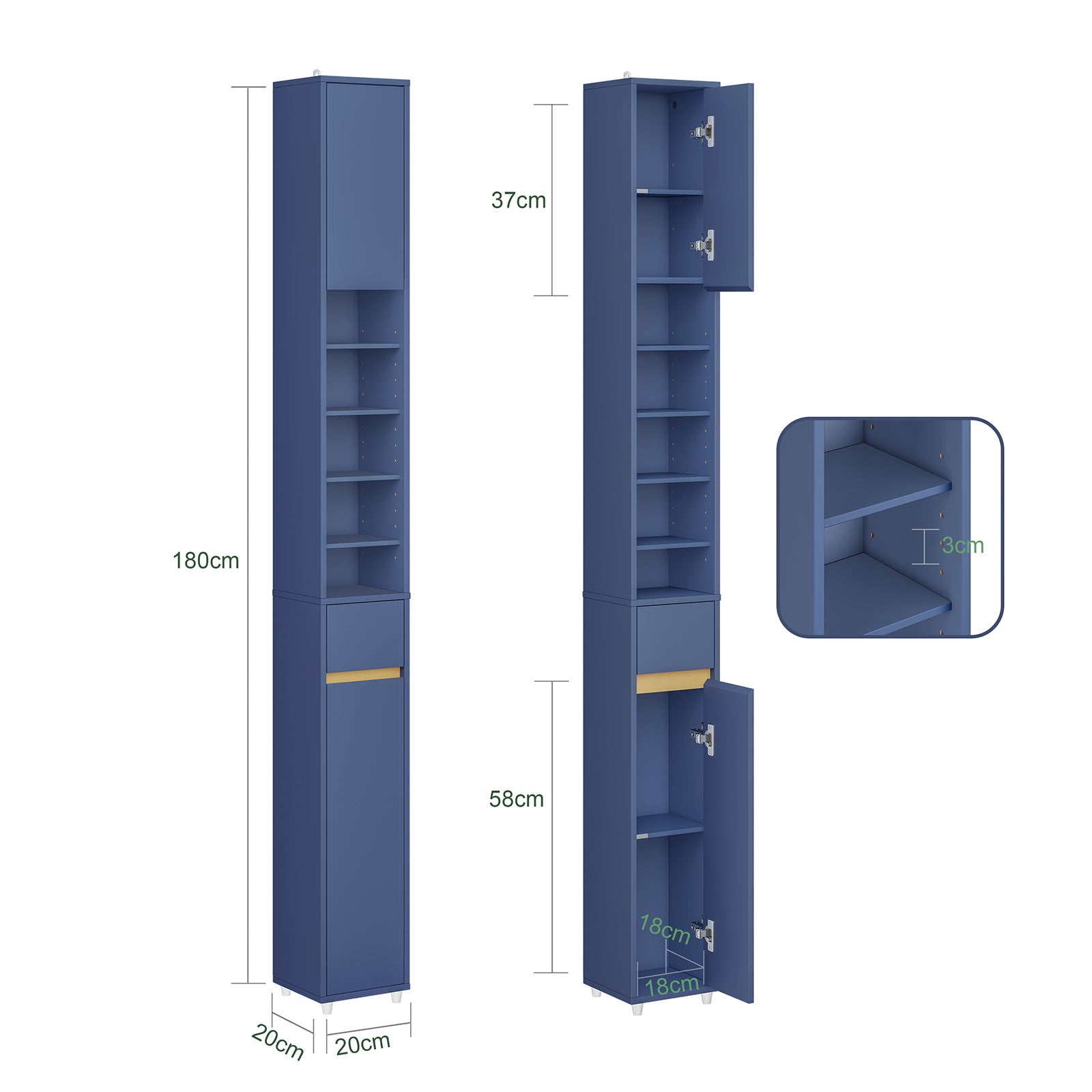 Armoire de salle de bain haute SoBuy avec étagères réglables, étroite, bleue, 20 x 180 x 20 cm, BZR34-II-B