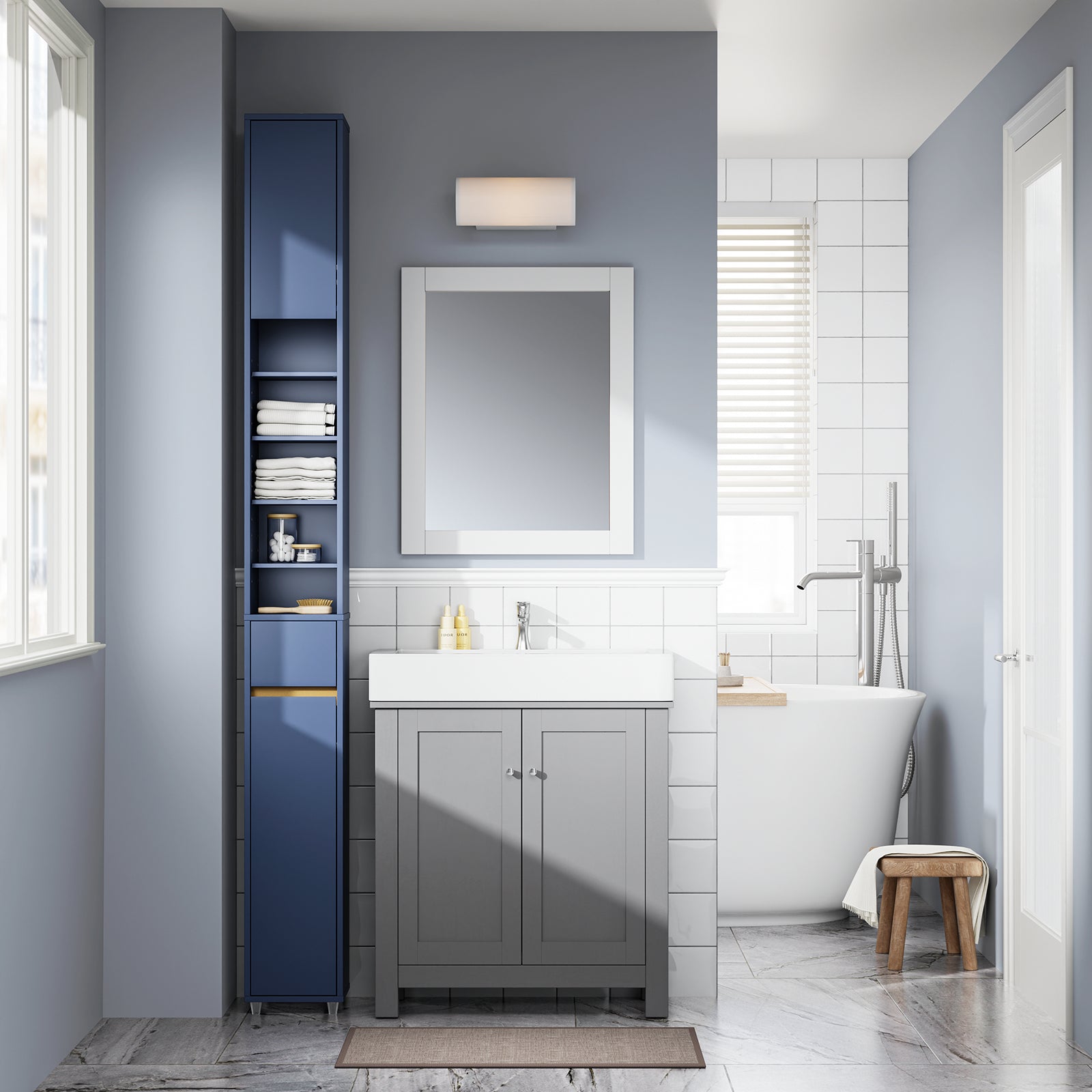 Armoire de salle de bain haute SoBuy avec étagères réglables, étroite, bleue, 20 x 180 x 20 cm, BZR34-II-B