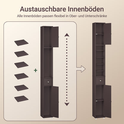 SoBuy | Badzimmerschrank Schmal | mit Verstellbare Ablagen | Braun | BZR34-II-BR