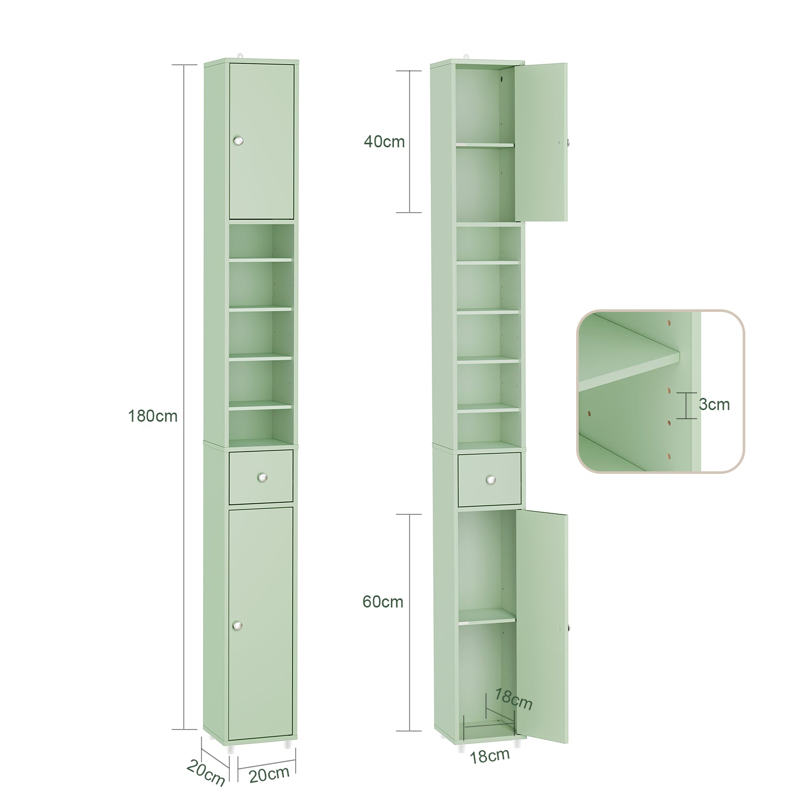 SoBuy | Armoire de salle de bain haute étroite | avec étagères réglables | Vert clair | 20 x 180 x 20 cm BZR34-II-GR 