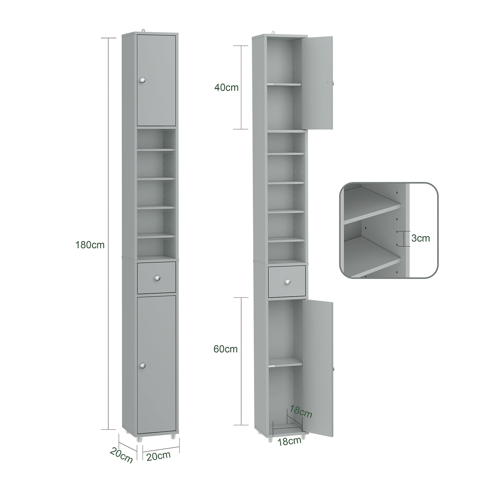 SoBuy | Mobile colonna da bagno | con ripiani regolabili sottili | Grigio chiaro | 20x180x20cm | BZR34-II-HG