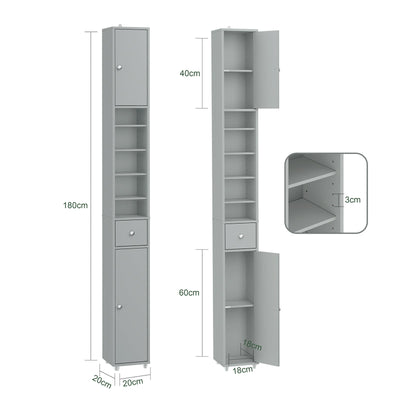 SoBuy | Mobile colonna da bagno | con ripiani regolabili sottili | Grigio chiaro | 20x180x20cm | BZR34-II-HG