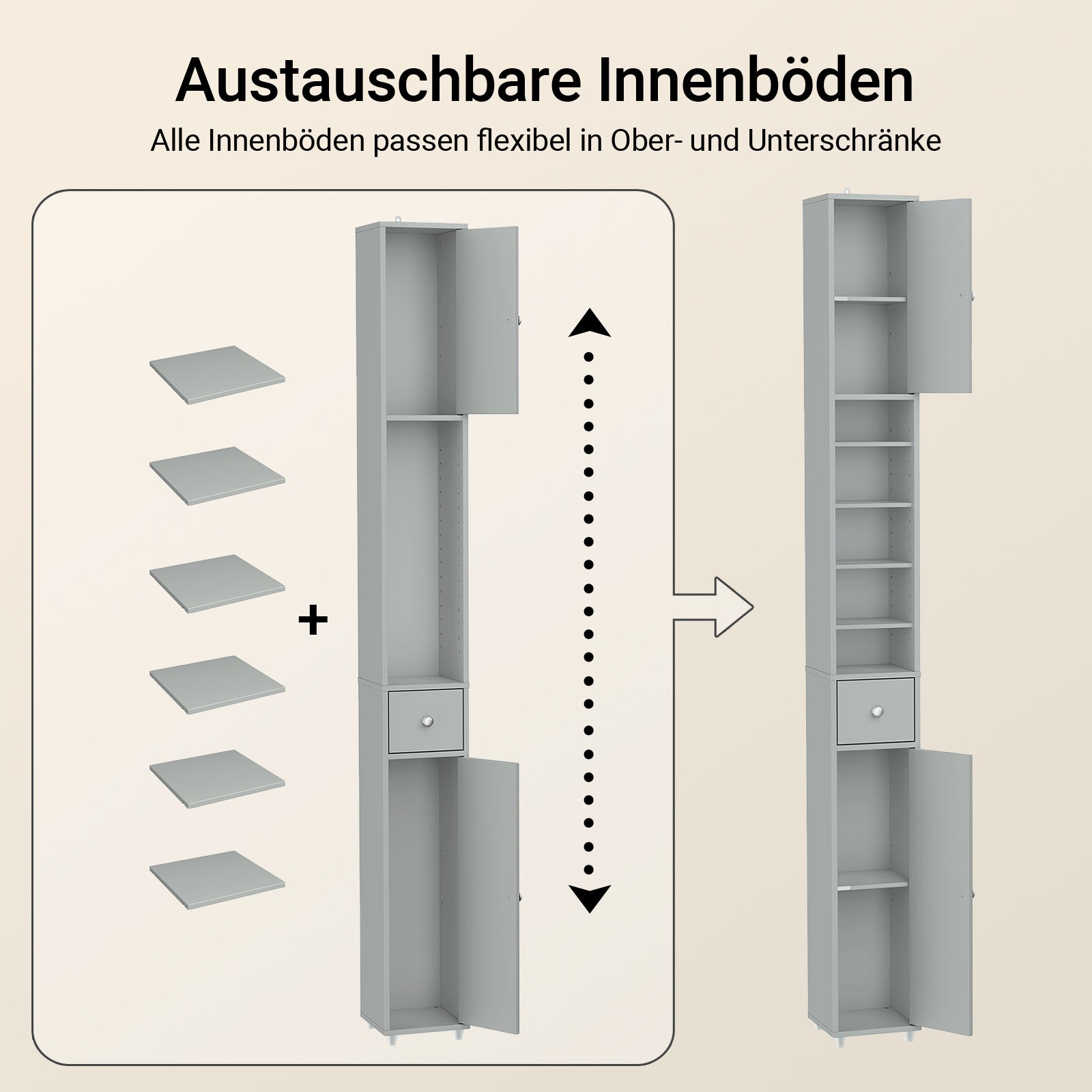 SoBuy | Bad Hochschrank | mit Verstellbare Ablagen schmal | Hellgrau | 20x180x20cm | BZR34-II-HG