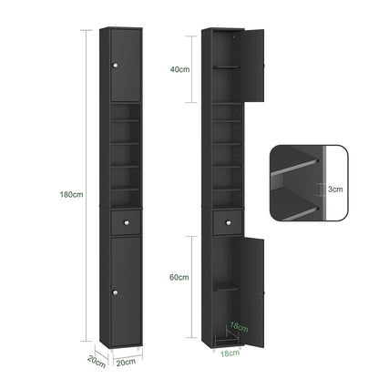 SoBuy | Bad Hochschrank | mit Verstellbare Ablagen schmal | Schwarz | 20x180x20cm | BZR34-II-SCH