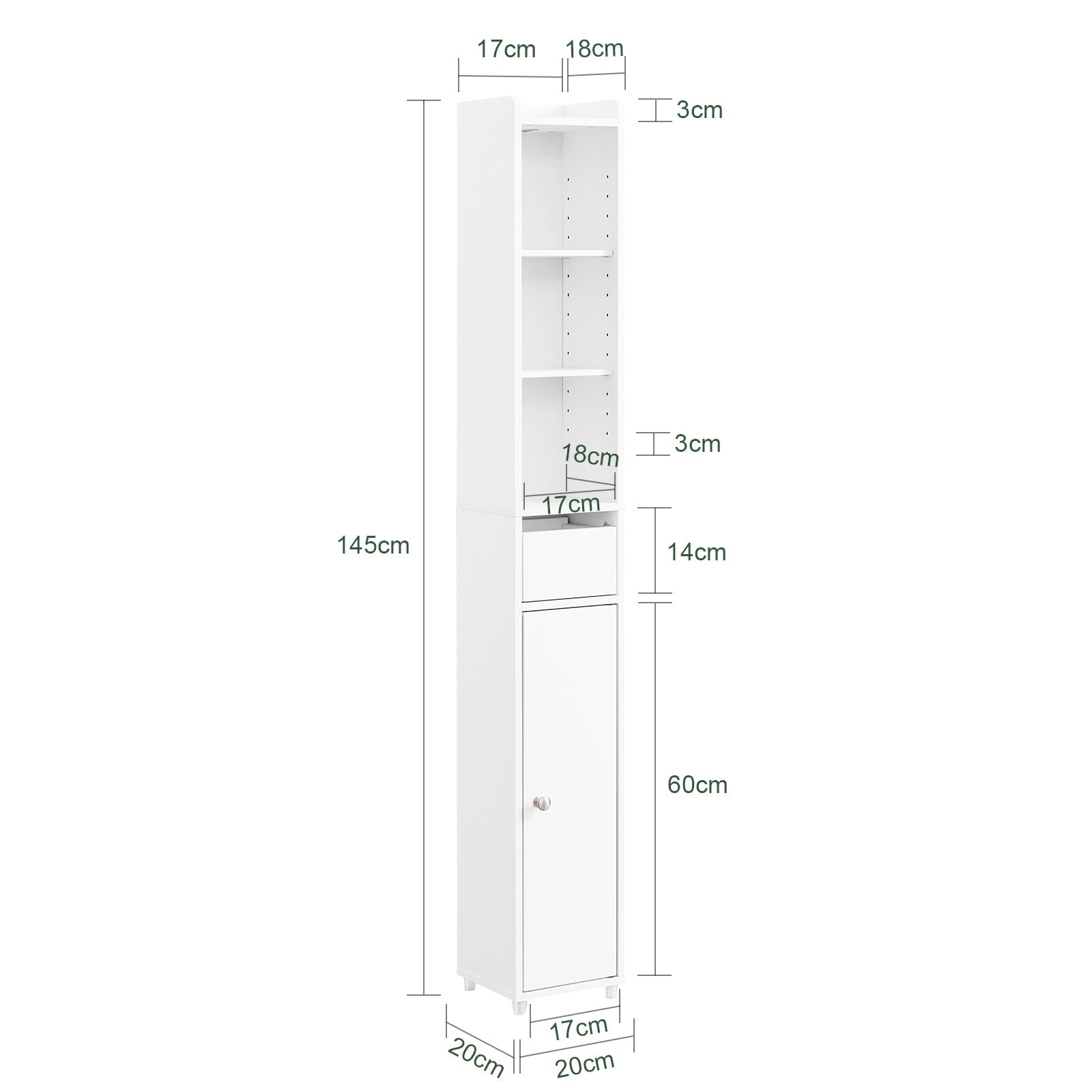 SoBuy | Colonne de salle de bain avec étagères réglables étroite | Blanc | 20x145x20cm | BZR34-K-W