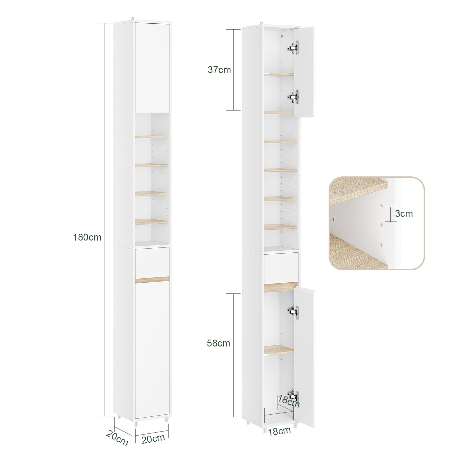SoBuy | Armoire de salle de bain haute étroite | avec étagères réglables | Blanc naturel | 20 x 180 x 20 cm | BZR34-WN 