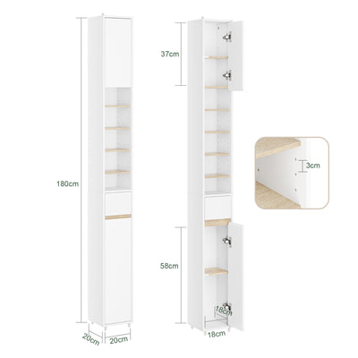 SoBuy | Armoire de salle de bain haute étroite | avec étagères réglables | Blanc naturel | 20 x 180 x 20 cm | BZR34-WN 